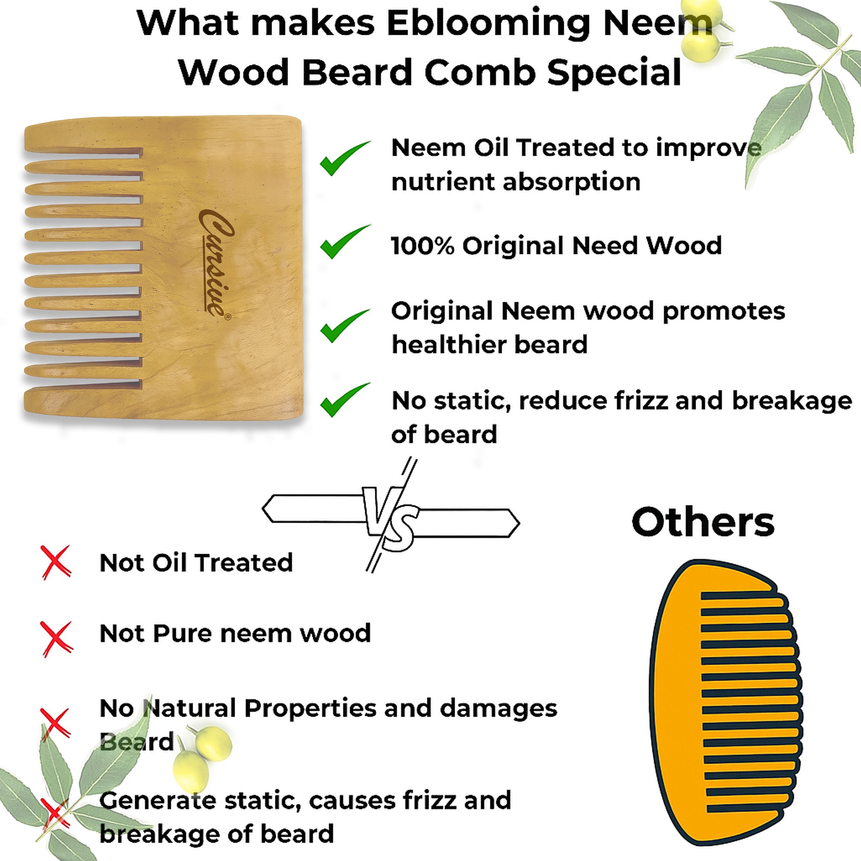 Neem Wood Wide-Toothed Beard Hair Comb
