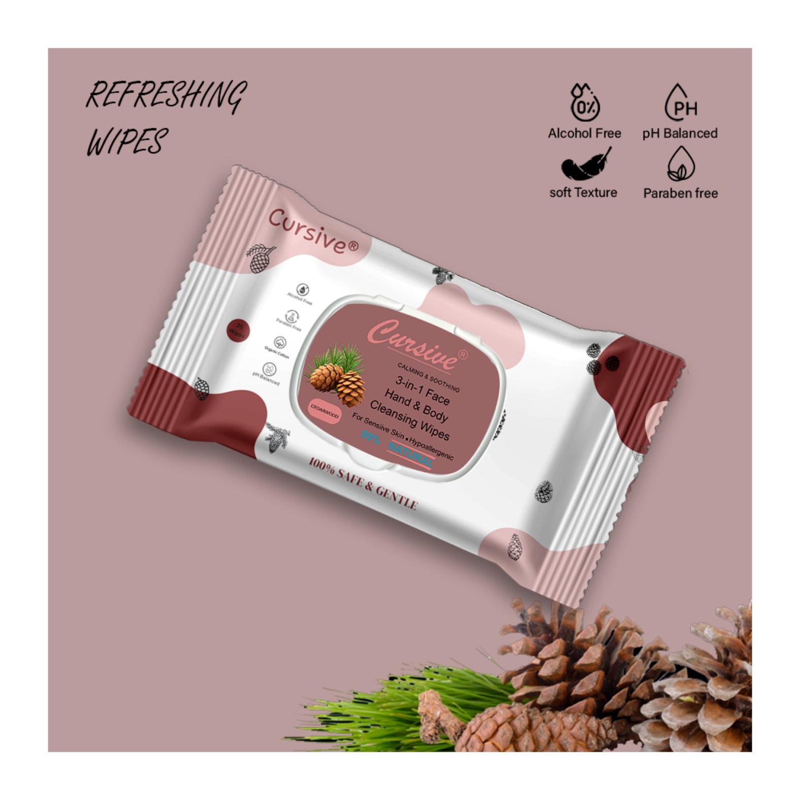 Cedar Wood Face, Hand, Skin Wet Wipes