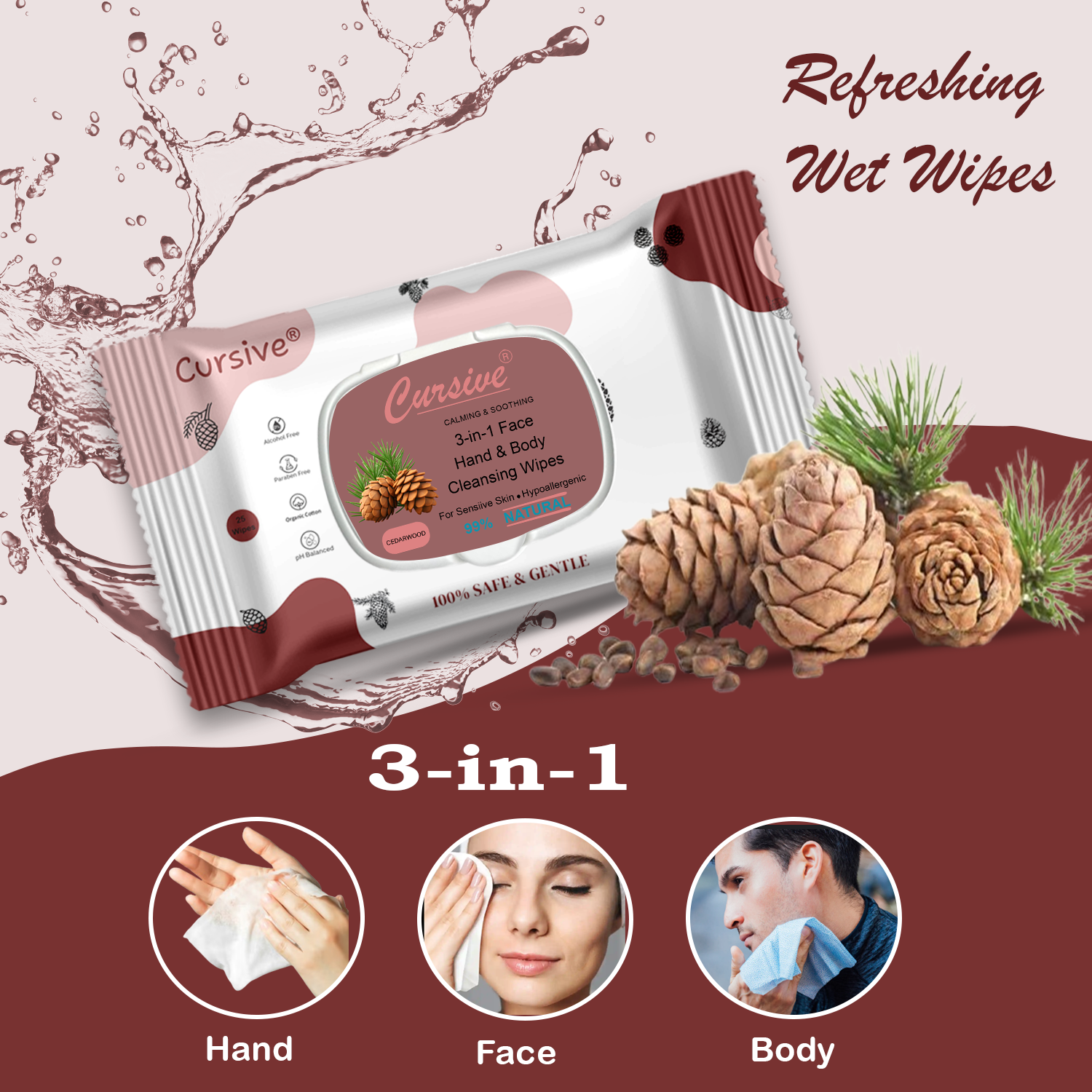 Cedar Wood Face, Hand, Skin Wet Wipes